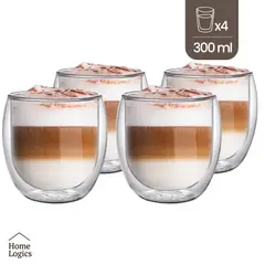 HOME LOGICS - Set 4 Vasos Mugs Vidrio Doble Pared 300 Ml Kiosclub