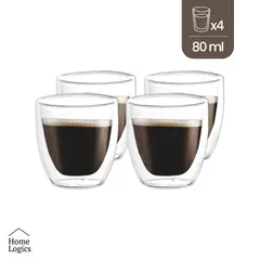 HOME LOGICS - Set 4 Vasos Expresso Vidrio Doble Pared 80 Ml