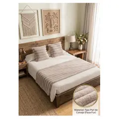 ALMA & DECO - Set Piecera Premium + 2 Fundas Cojín Piel Conejo Canelón Coffe