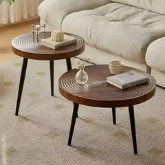 IDEEHOUSE - Juego Mesa De Centro Lateral Living Redonda Madera Marrón