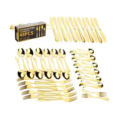 GENERICO - Set 48 Piezas Cubiertos Cuchillería Acero Inoxidable Dorado