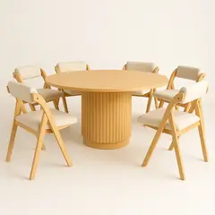 KLIK - Comedor Mesa Redonda Nórdica Armonía de 130 cm Madera Natural + 6 Silla Betlahem de Madera Plegable Acolchada - Beige