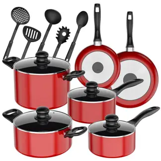 GENERICO - Batería de Cocina 15 Piezas Omni Aluminio Antiadherente Rojo