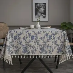 PUREPOWER - Mantel Francés Flores Azules con Borlas Beige 140x300cm para Bodas