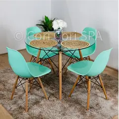CORI CORI - Juego de Comedor Mesa Eames Vidrio 80cm + 4 Sillas Eames Menta…