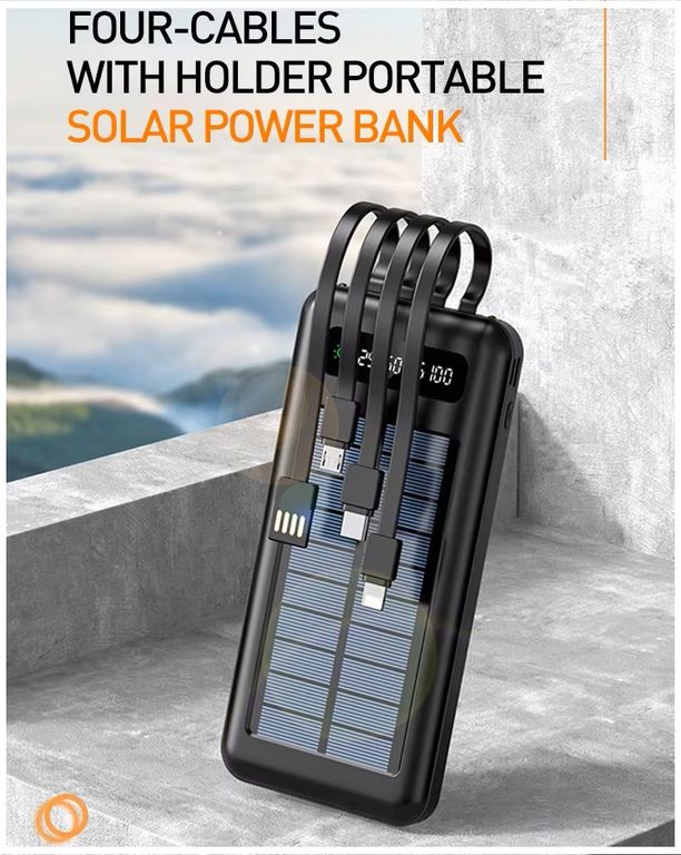 Batería Externa Solar 20000mAh con Cables Integrados Carga Rápida