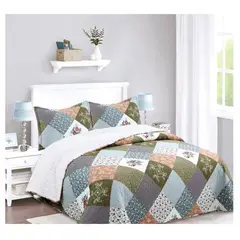 COMPRAPO - Cubrecama Quilt Sherpa King Mod. Patch Terra + 2 Fundas 50x70 Cm.