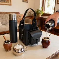 GENERICO - CANASTO MATERO NEGRO 100% CUERO CON BOLSILLO