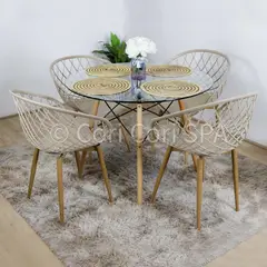CORI CORI - Juego de Comedor Mesa Eames Vidrio 80cm + 4 Butacas Mesh Beige