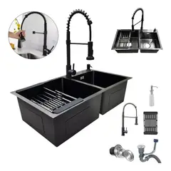 GENERICO - Lavaplatos Doble 78x43 Acero Black Con Rejilla + Dispensador