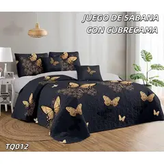 GENERICO - Cobertor tipo Quilt de Verano + Juego de Sabanas 2 plazas Negro