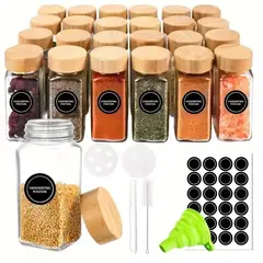 GENERICO - Set 24 frascos de vidrio condimentos. Tapa de bambú+accesorios (120ml)