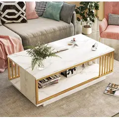 GENERICO - MESA CENTRO MODERNA BLANCA CON DORADO RECTANGULAR