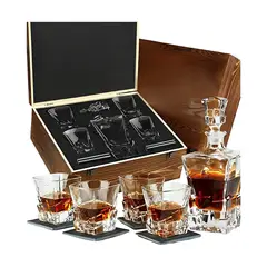 TOLVA - Set caja madera con botella whisky con 4 vasos y posavasos