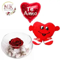 GENERICO - Rosa Preservada Peluche Corazón y Globito