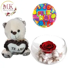 GENERICO - Rosa Preservada Oso Peluche 20cm y Globo