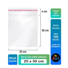 MALIK - Bolsa de Celofán 25x30 cm con Cierre Adhesivo