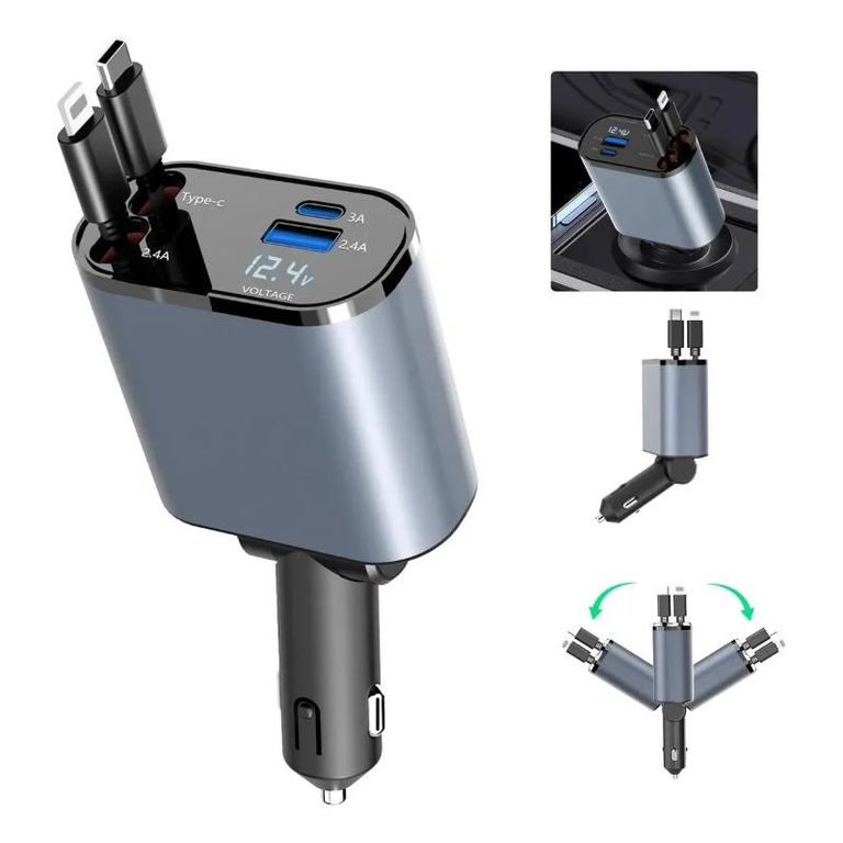 Cargador Retráctil Para Coche Cargador Usb C 4 En 1 De 60 W