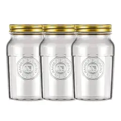 NADIR - Set 3 Frascos Americano Vintage Vidrio 1500ml Tapa Dorada