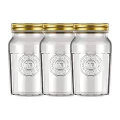 NADIR - Set 3 Frascos Americano Vintage Vidrio 1000ml Tapa Dorada