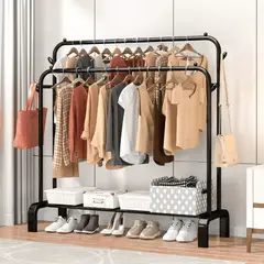 HOMESTAR - Perchero Colgador Doble Riel con Estante Inferior- Negro
