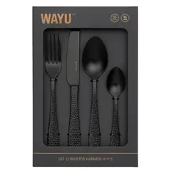 WAYU - Set Cubiertos Hammer Negro Mate 16 Piezas Elegantes