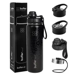 BUFFER FLASK - Termo Botella Agua Termica Acero Inox + Tapas - Negro - Gris oscuro