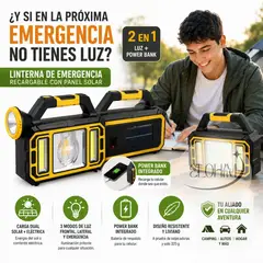 GENERICO - Linterna de Emergencia Recargable con Panel Solar- Carga Solar + Power Bank + Luz LED Potente