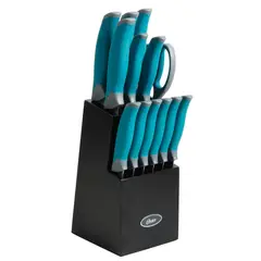 OSTER - Set Cuchillos acero inoxidable Lindbergh 14 pcs mango azul y taco de madera negro