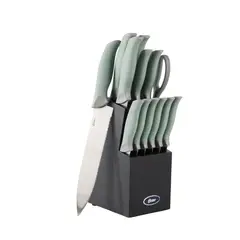 OSTER - Set Cuchillos acero inoxidable Lindbergh 14 pcs mango verde y taco de madera negro