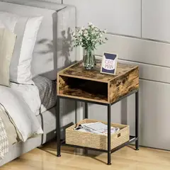 IDEEHOUSE - Velador Mesa Auxiliar Lateral De 2 Niveles - Madera Mate Marrón