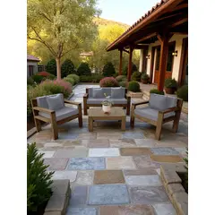 MIARUSTE - TERRAZA RÚSTICA AMBAR 4 CUERPOS COLOR MADERA ROBLE COJINERÍA GRIS MEDIO