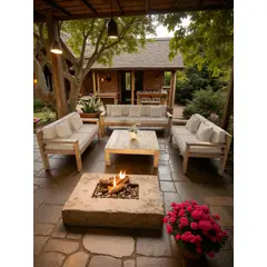 MIARUSTE - TERRAZA RÚSTICA MODELO AMBAR 7 CUERPOS COLOR ROBLE COJINERÍA BEIGE V1