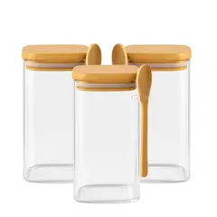 GENERICO - Set 3 Frascos Contenedores 900mL Vidrio 15cm Cuadrado Cuchara