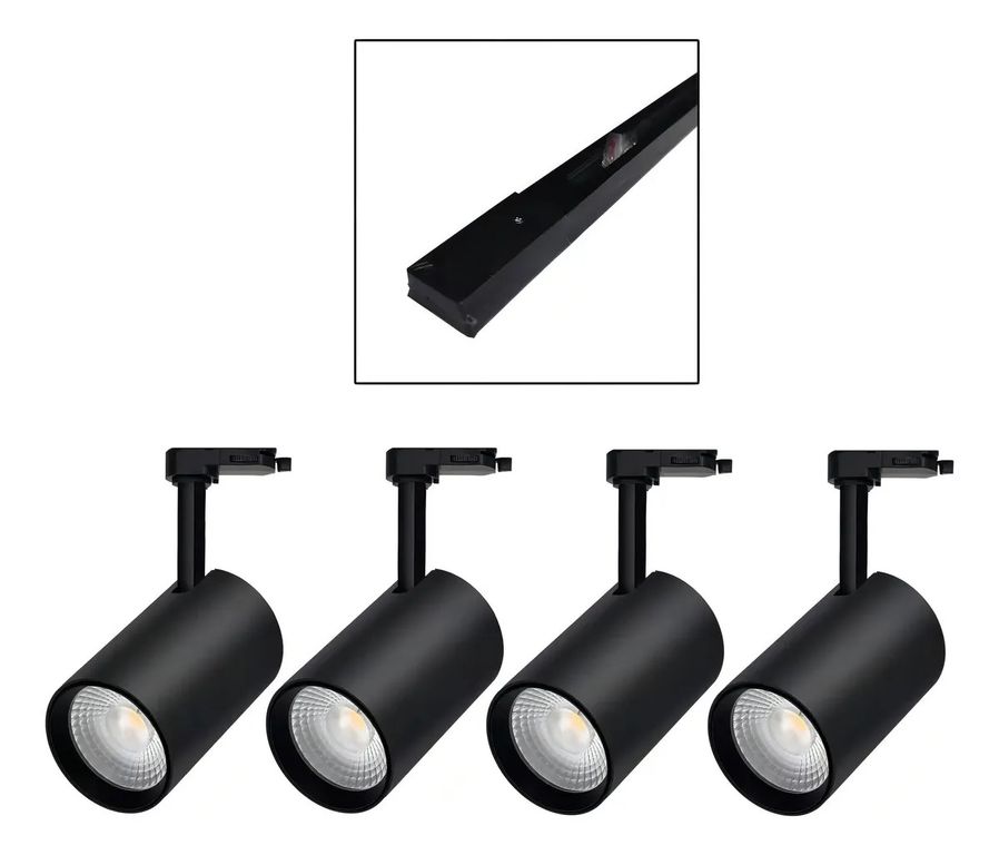 4 Foco Riel Luz Cálida 7w 3000k + Riel Monofásico 1mt Negro