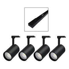 LEMU LUX - 4 Foco Riel Luz Cálida 7w 3000k + Riel Monofásico 1mt Negro
