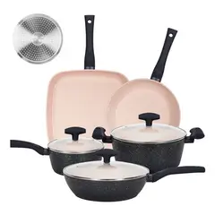 GENERICO - Bateria Cocina Antiadherente Ceramica 8 Pcs Granito Rosa