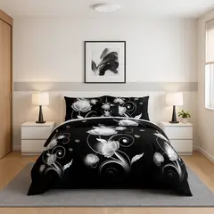 ARMONIA - Quilt 25 plazas estampado flores negras cubre cama king liviano 663
