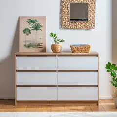 MUEBLES GACELA - Comoda 6 cajones Alba Roble Miel y Blanco brillante