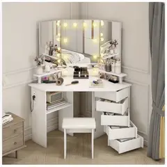 HOMER DESIGN - Tocador Esquinero Profesional Led Hollywood Enchufe Taburete