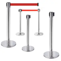 KUANGYE - Set 5 Soportes Control De Multitud,Con Cinturón Retráctil Plata De 2m Y Base