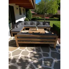 MIARUSTE - TERRAZA RÚSTICA ELE 10 CUERPOS MADERA COLOR ROBLE COJINERÍA GRIS OSC.