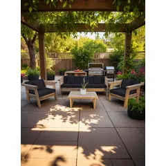 MIARUSTE - TERRAZA RÚSTICA MARIAND 5 CUERPOS MADERA COLOR ROBLE COJINERÍA NEGRO