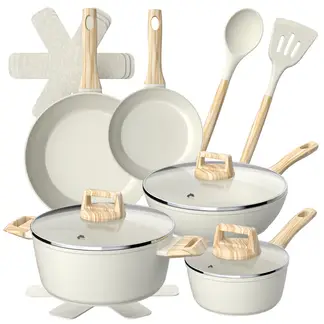 GENERICO - Bateria Cocina 14Pzs Aluminio Forjado Antiadherente Flow Beige