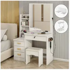 HOMER DESIGN - Tocador Con Espejo Movible Enchufe Portasecadora Y Taburete