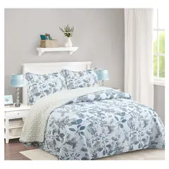 COMPRAPO - Cubrecama Quilt Sherpa King Mod. Hojas de Seda Azul + 2 Fundas