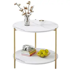 KINDA NICE - Mesa auxiliar decorativa para sala de estar color blanco y dorado