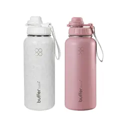 BUFFER FLASK - Termo Botella Agua Termica Set x2 Acero Inox Buffer+ 4Tapas - Blanco