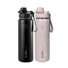 BUFFER FLASK - Termo Botella Agua Termica Buffer Pack X 2 Acero Inoxidable +4 Tapas - Black Y Pinky Leopard