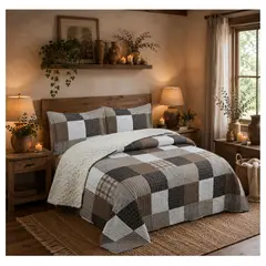 COMPRAPO - Cubrecama Quilt Sherpa King Modelo Patch Urban Toffe + 2 Fundas